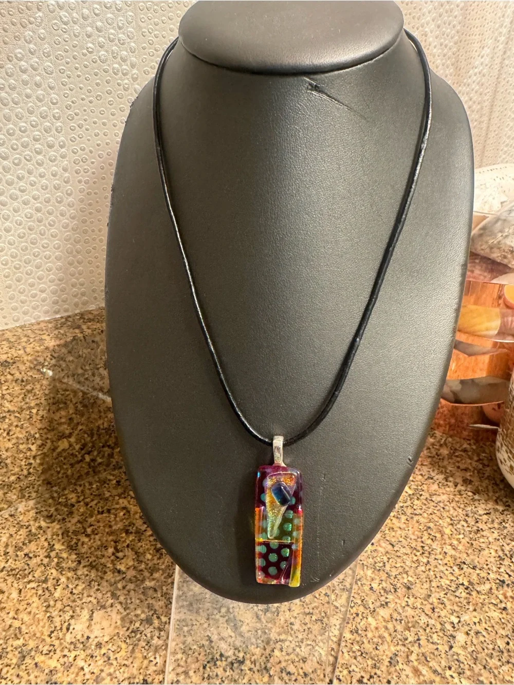 Colorful Multicolor Glass Pendant‎ Necklace on Black Cord